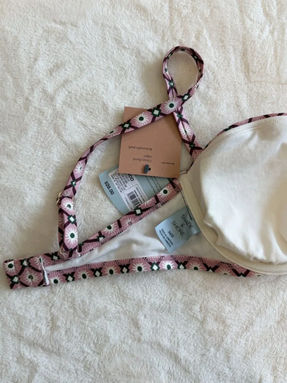 NWT Shade & Shore Pink and Black Geometric Patterned Underwire Bikini Top - 34DD